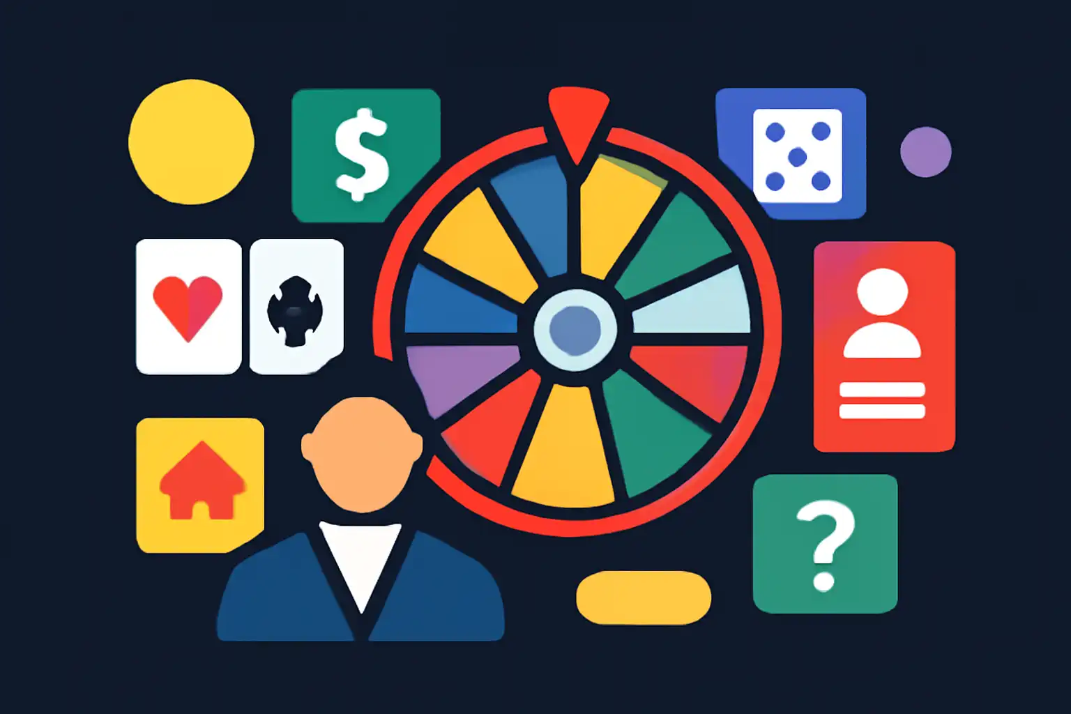 Hero illustration: Monopoly Live, modern flat design, dark background, brand-neutral, icons and shapes only, no text