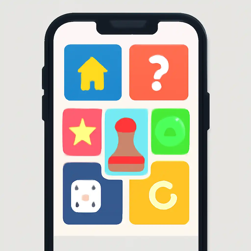 Smartphone shown from the front displaying a colourful flat layout of abstract game icons and rounded tiles (no text, no letters, no labels), Monopoly Live