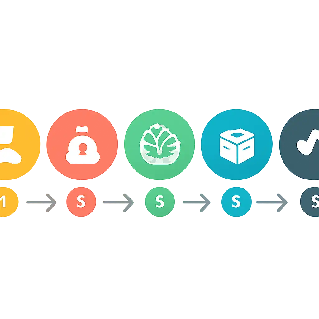 Five numbered circular icons connected by arrows in a horizontal flow, flat illustration, icons only, no words, Monopoly Live steps