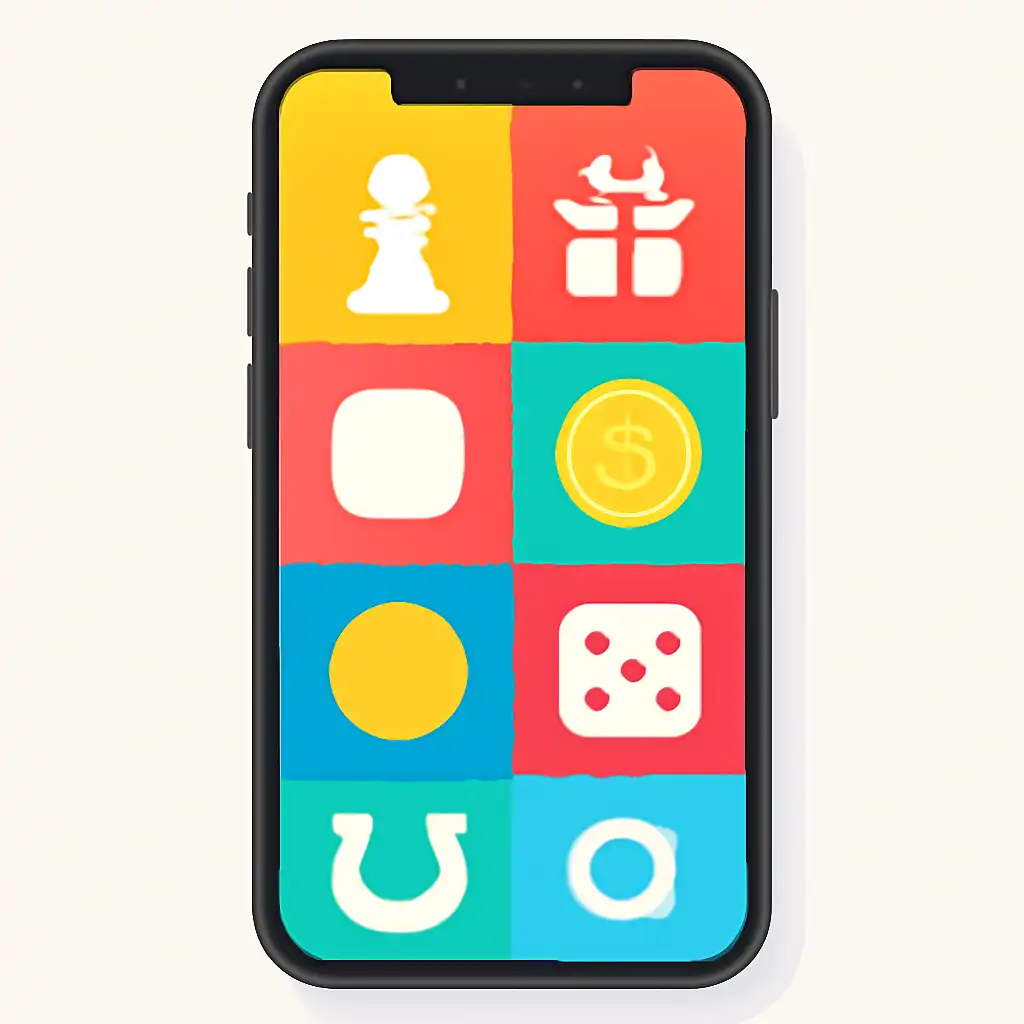 Smartphone shown from the front displaying a colourful flat layout of abstract game icons and rounded tiles (no text, no letters, no labels), Reading Payouts