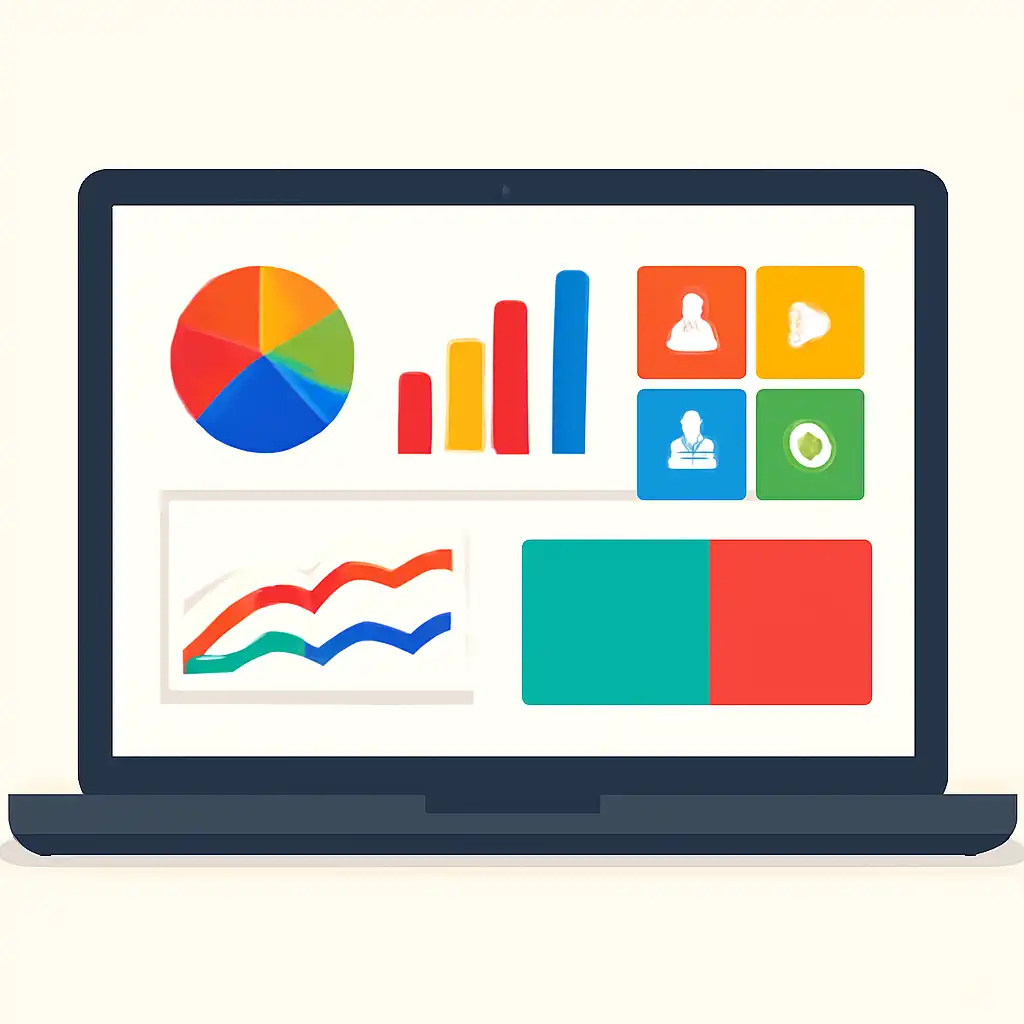 Laptop shown from the front displaying a colourful flat dashboard of abstract charts, bars and icon tiles (no text, no letters, no labels), Reading Payouts