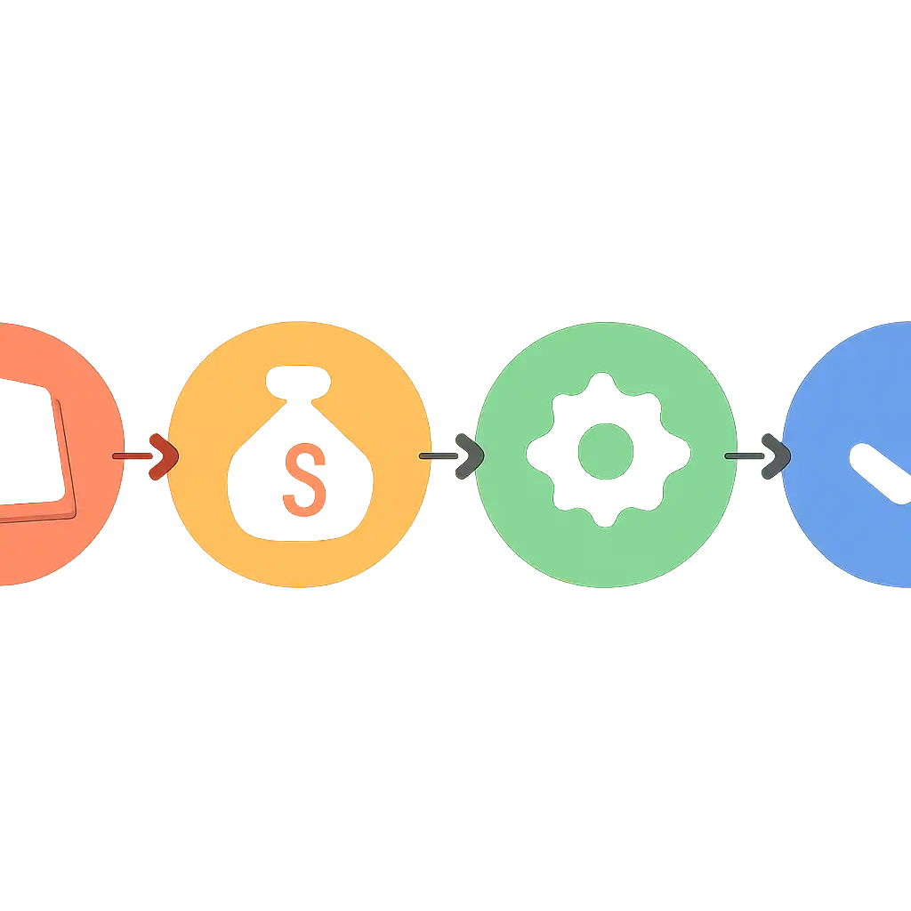 Five numbered circular icons connected by arrows in a horizontal flow, flat illustration, icons only, no words, Reading Payouts steps