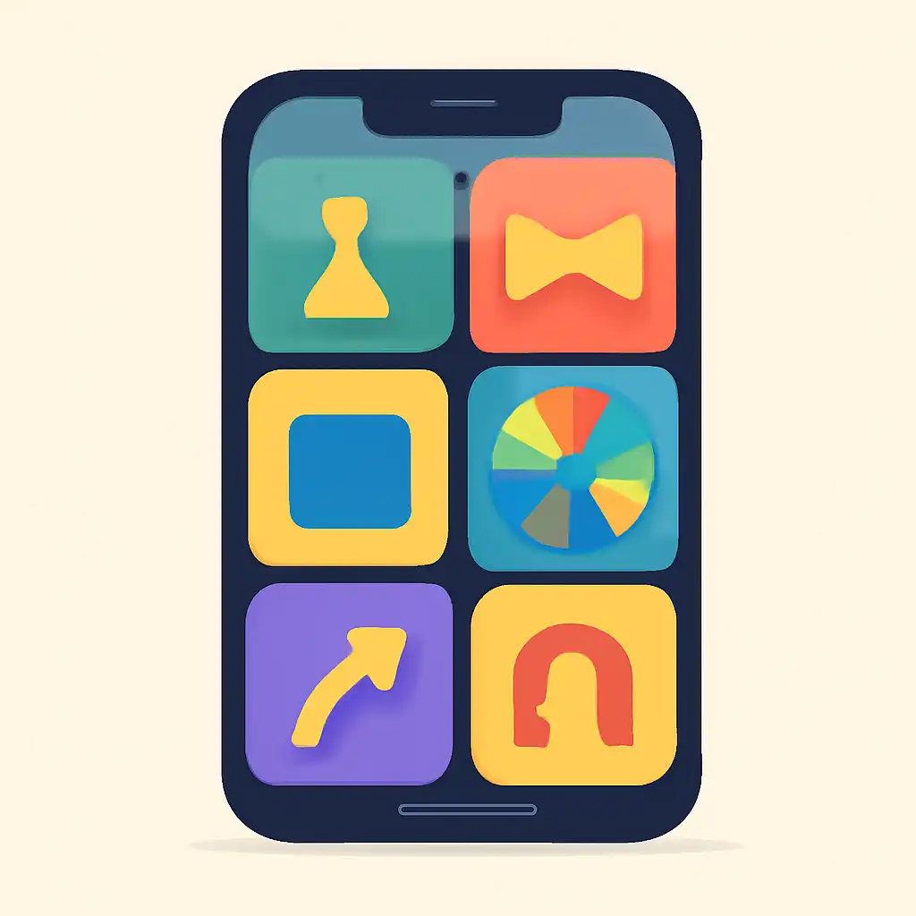 Smartphone shown from the front displaying a colourful flat layout of abstract game icons and rounded tiles (no text, no letters, no labels), How the Wheel Works