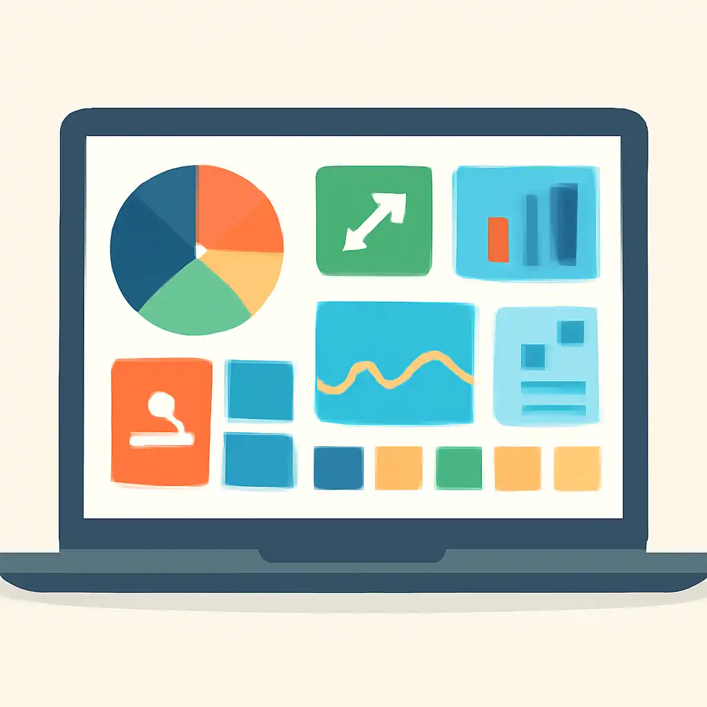 Laptop shown from the front displaying a colourful flat dashboard of abstract charts, bars and icon tiles (no text, no letters, no labels), How the Wheel Works