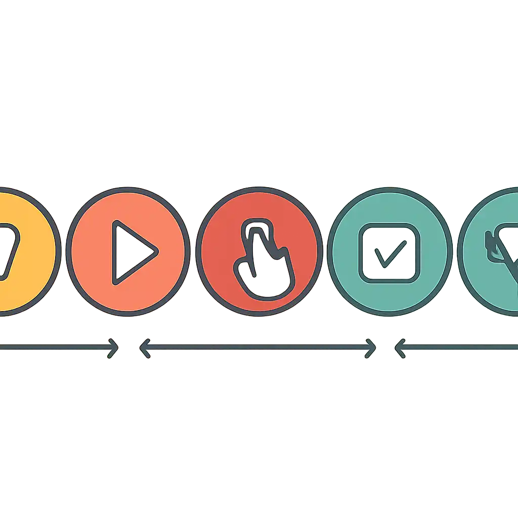 Five numbered circular icons connected by arrows in a horizontal flow, flat illustration, icons only, no words, How the Wheel Works steps