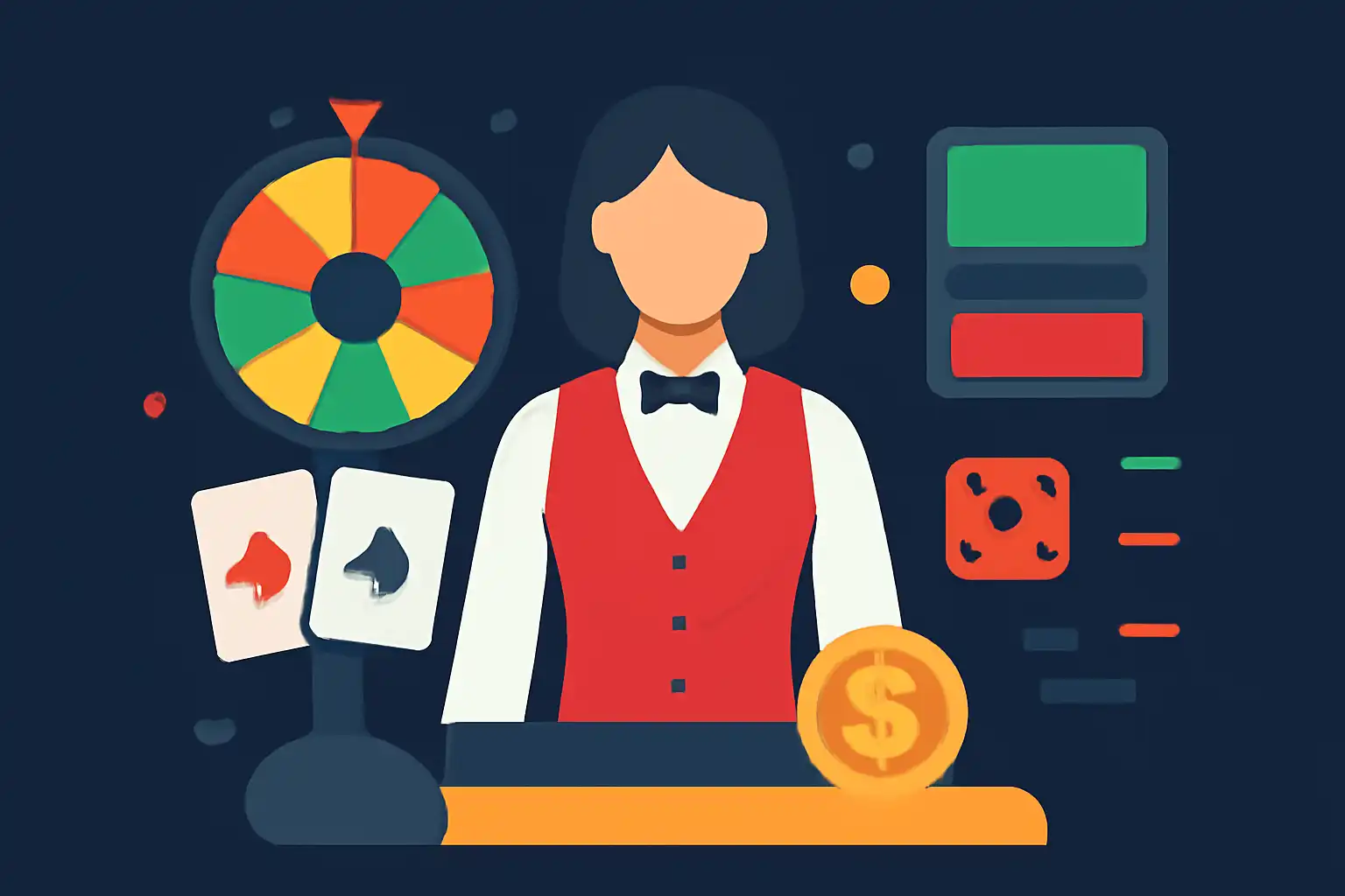 Hero illustration: Live Dealer Mechanics, modern flat design, dark background, brand-neutral, icons and shapes only, no text