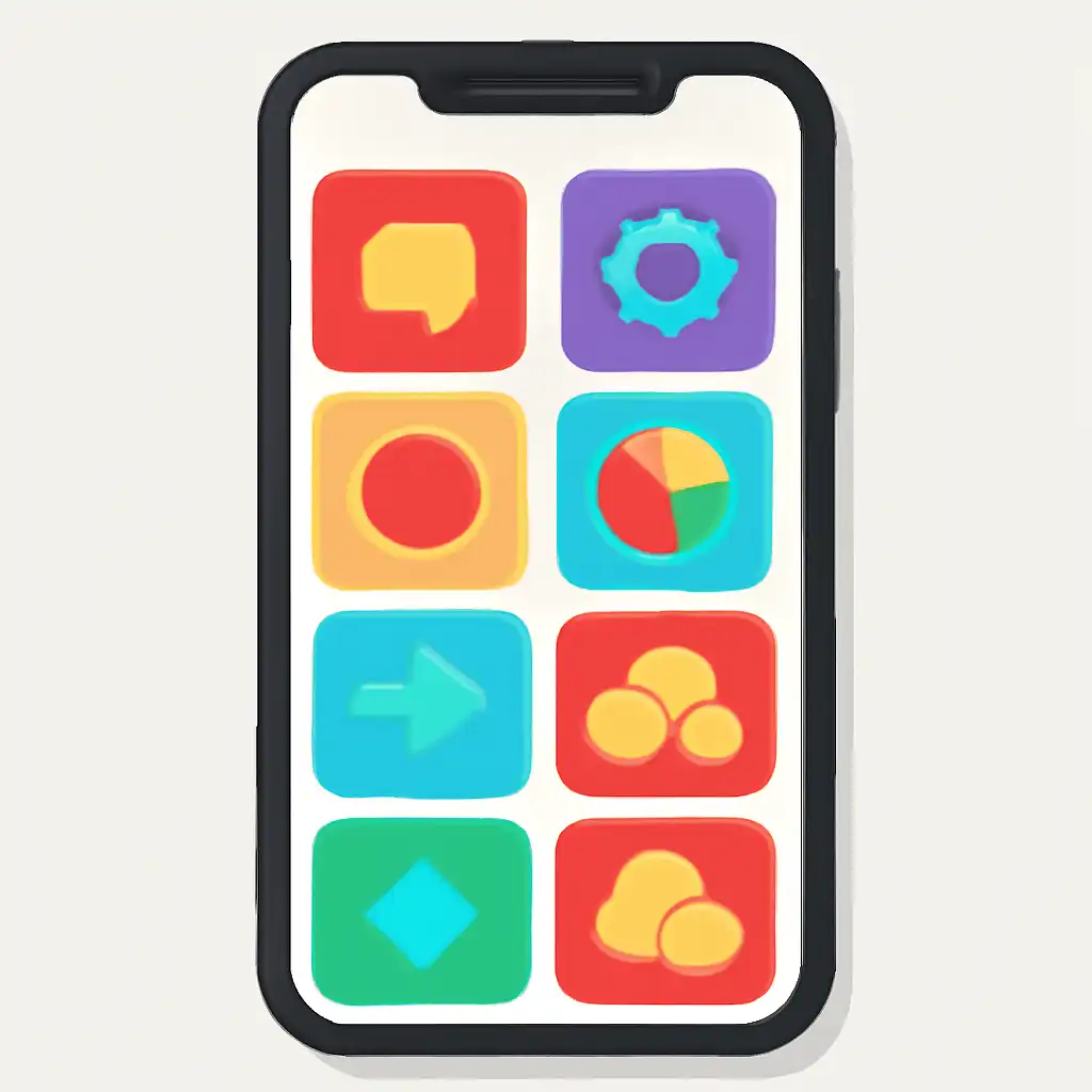Smartphone shown from the front displaying a colourful flat layout of abstract game icons and rounded tiles (no text, no letters, no labels), Live Dealer Mechanics