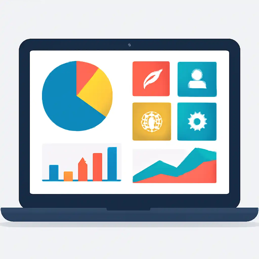 Laptop shown from the front displaying a colourful flat dashboard of abstract charts, bars and icon tiles (no text, no letters, no labels), Live Dealer Mechanics