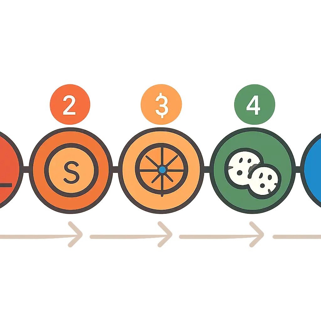 Five numbered circular icons connected by arrows in a horizontal flow, flat illustration, icons only, no words, Live Dealer Mechanics steps