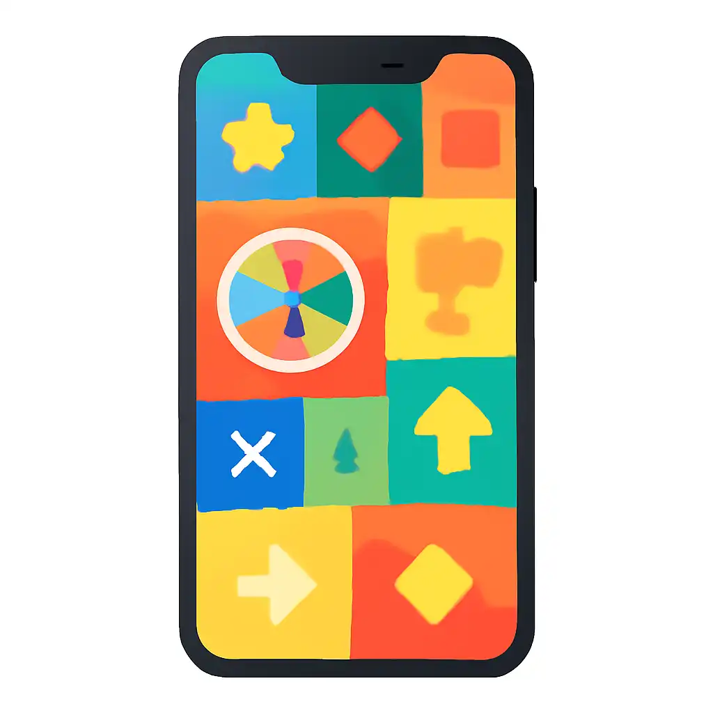 Smartphone shown from the front displaying a colourful flat layout of abstract game icons and rounded tiles (no text, no letters, no labels), The 3D Bonus Board