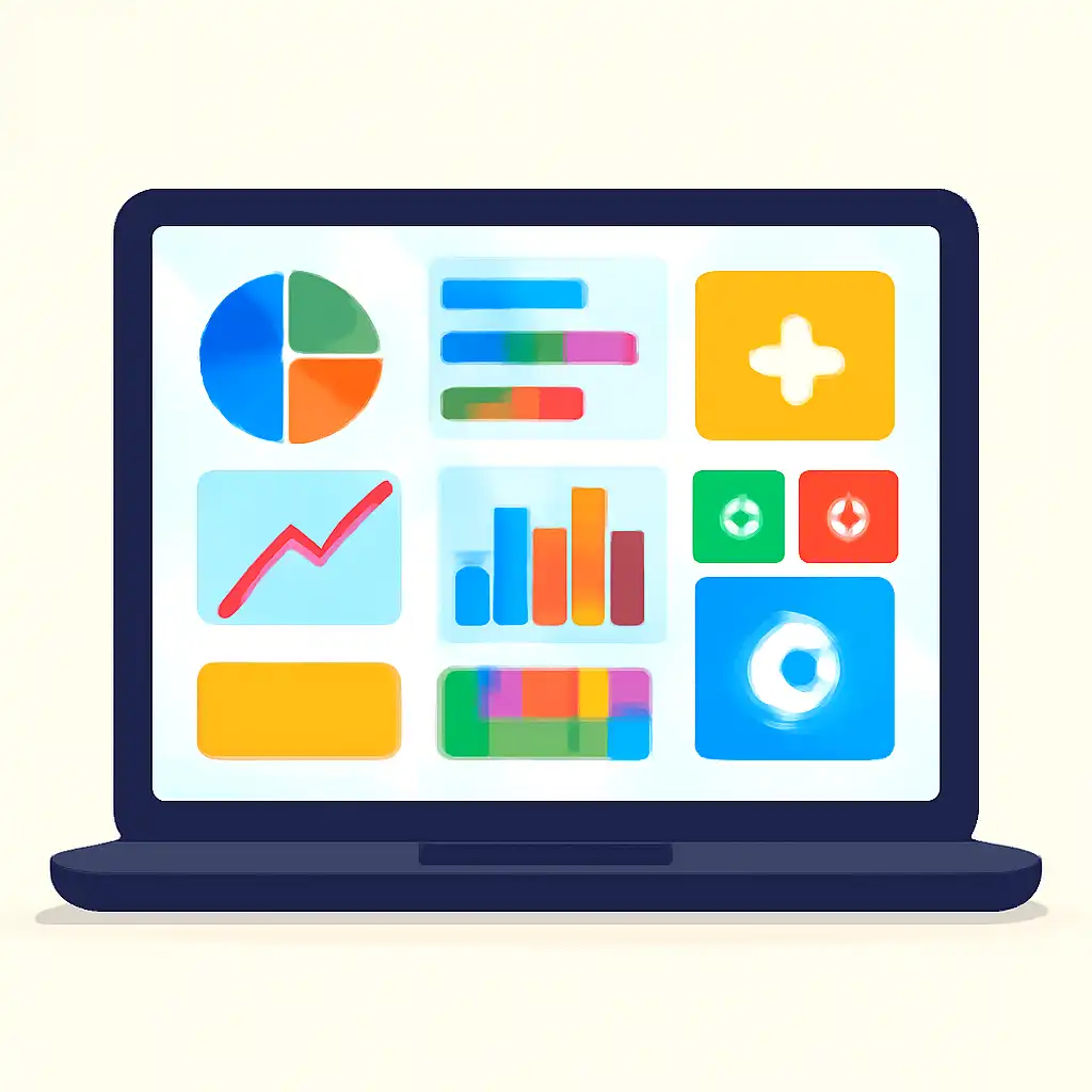 Laptop shown from the front displaying a colourful flat dashboard of abstract charts, bars and icon tiles (no text, no letters, no labels), The 3D Bonus Board