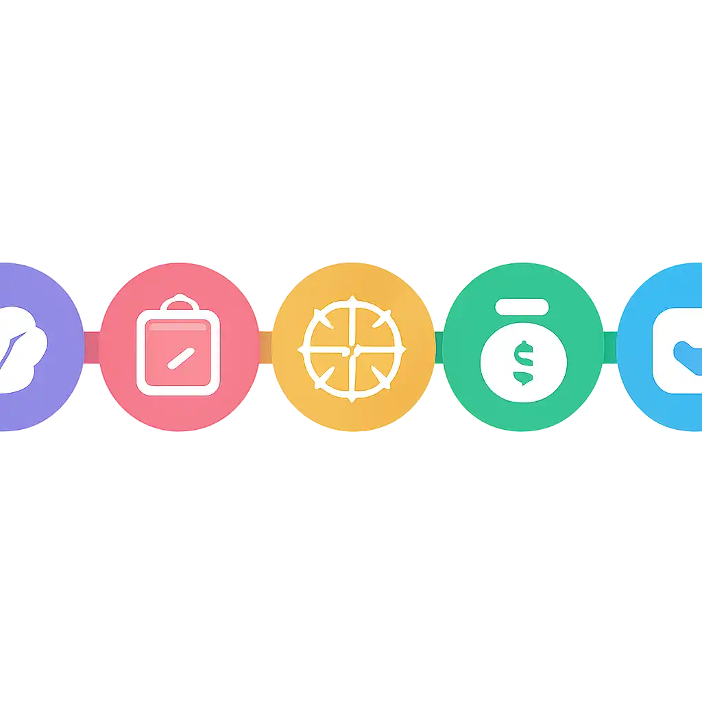 Five numbered circular icons connected by arrows in a horizontal flow, flat illustration, icons only, no words, The 3D Bonus Board steps