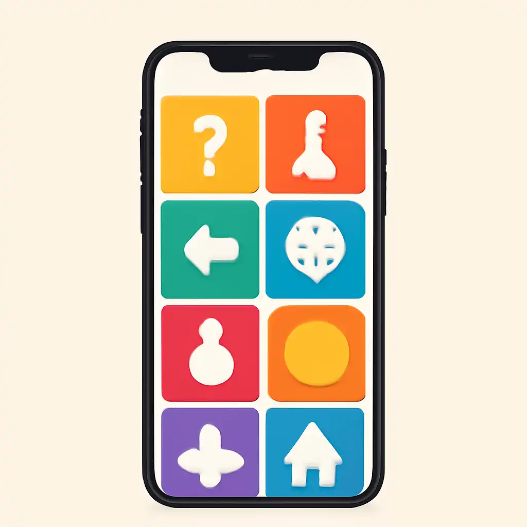 Smartphone shown from the front displaying a colourful flat layout of abstract game icons and rounded tiles (no text, no letters, no labels), Chance Cards Explained