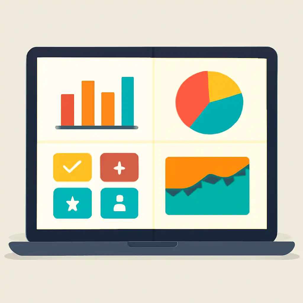Laptop shown from the front displaying a colourful flat dashboard of abstract charts, bars and icon tiles (no text, no letters, no labels), Chance Cards Explained